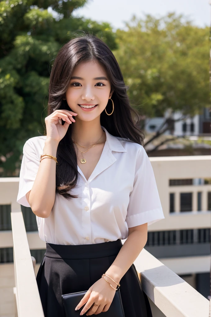 Rooftop of university building, 4th year university student, ((full body)), ((photo)), ((best qualtiy, 8K, tmasterpiece:1.3)), Focus:1.2, perfect figure beautiful girl:1.4, 1girl, cowboy shot, look at viewer, eyes facing the camera, incredibly absurd, beautiful and cute girl with a photorealistic face, showcasing top-quality craftsmanship, A Japanese girl watching the sunset on the roof of a university building, 19 years old, long, straight, silky black hair, fair skin, big eyes, thin eyebrows, double eyelids, long eyelashes, pink lips, smile, devilish smile, gorgeous features, well-defined facial features, beautiful face line, mysterious beauty, slender, tall, well-balanced proportions, large E-cup breasts, white shirt, tight black skirt, beige pumps, gold necklace and bracelet, small earrings, elegant ring, pretty girl, beauty, devilish type, pretty older sister, passionate about art, sociable, friendly, positive, has leadership skills, is proactive, is flexible, gets things done efficiently, works hard towards dreams and goals, March