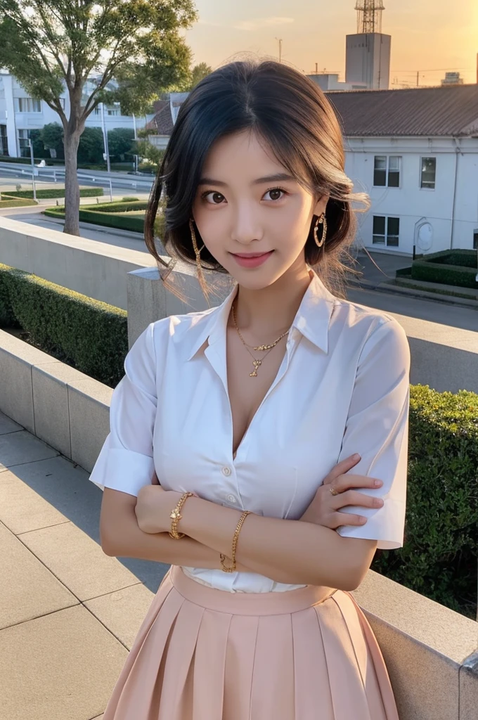 Rooftop of university building, 4th year university student, ((full body)), ((photo)), ((best qualtiy, 8K, tmasterpiece:1.3)), Focus:1.2, perfect figure beautiful girl:1.4, 1girl, cowboy shot, look at viewer, eyes facing the camera, incredibly absurd, beautiful and cute girl with a photorealistic face, showcasing top-quality craftsmanship, A Japanese girl watching the sunset on the roof of a university building, 19 years old, long, straight, silky black hair, fair skin, big eyes, thin eyebrows, double eyelids, long eyelashes, pink lips, smile, devilish smile, gorgeous features, well-defined facial features, beautiful face line, mysterious beauty, slender, tall, well-balanced proportions, large E-cup breasts, white shirt, tight black skirt, beige pumps, gold necklace and bracelet, small earrings, elegant ring, pretty girl, beauty, devilish type, pretty older sister, passionate about art, sociable, friendly, positive, has leadership skills, is proactive, is flexible, gets things done efficiently, works hard towards dreams and goals, March