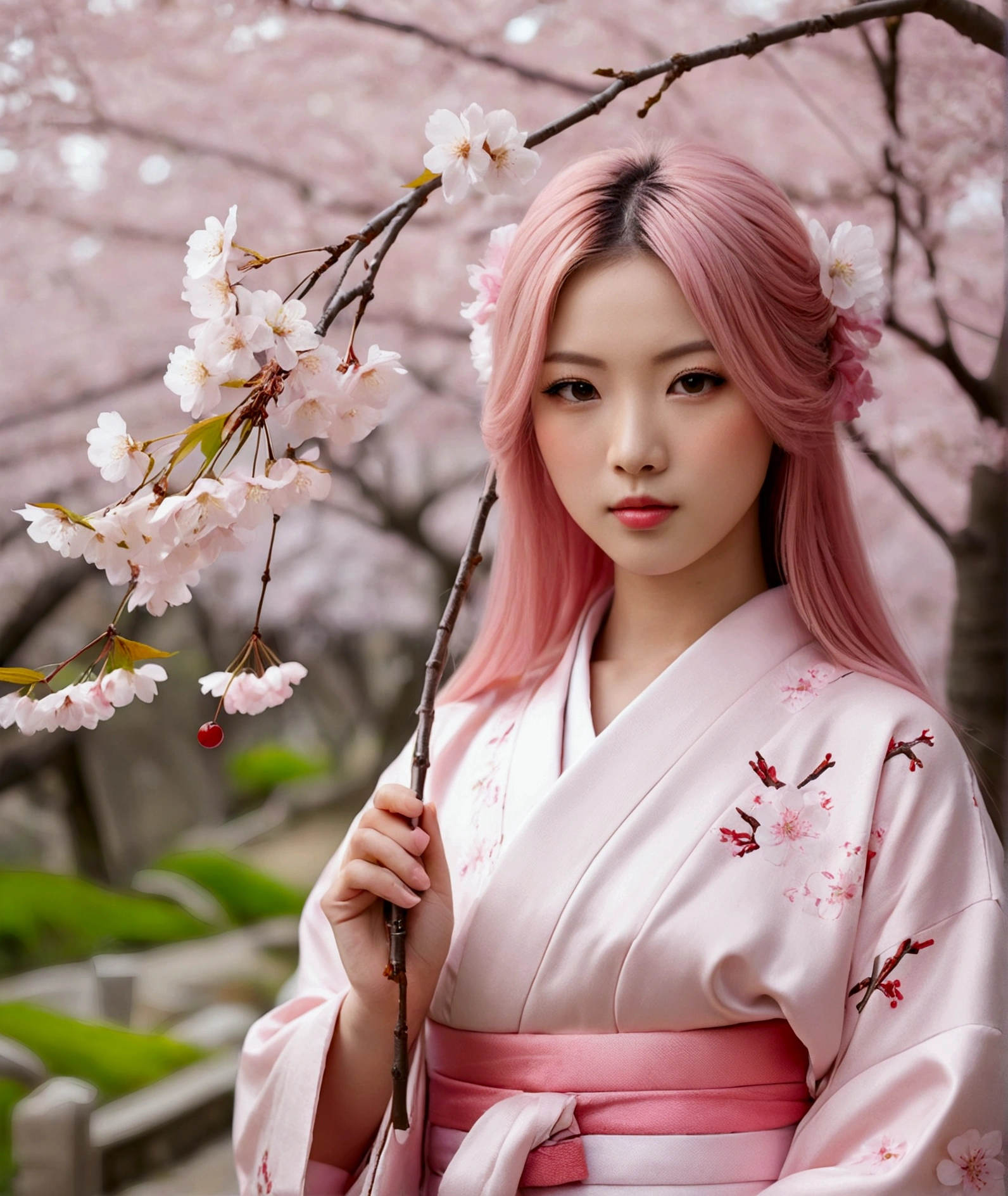 Pink straight hair,Wearing a pale pink kimono,Holding a branch of cherry blossoms,background, Beautiful cherry blossom trees are in full bloom,She is a sweet girl who stands tall,Shining Eyes