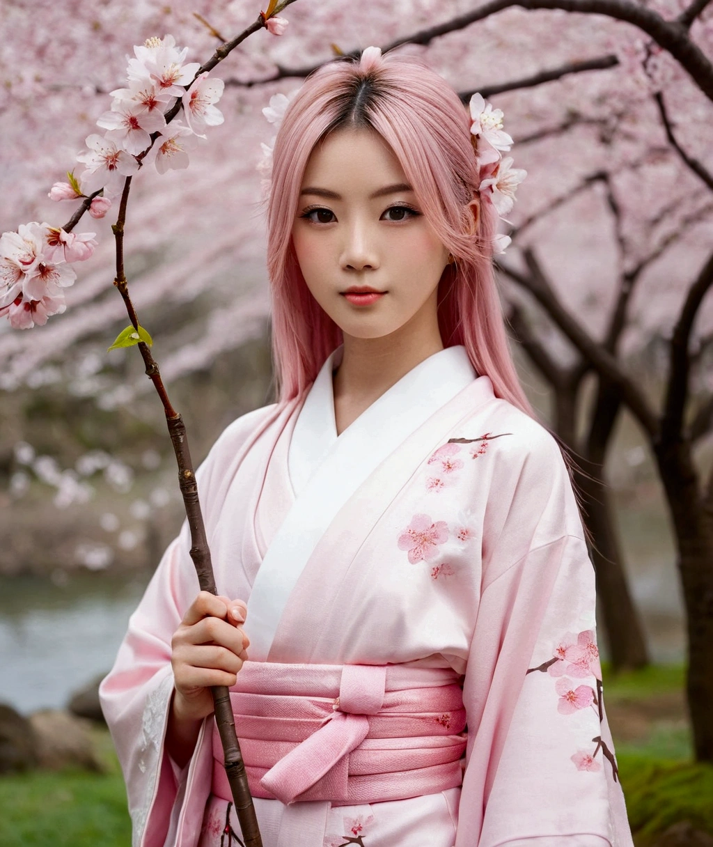 Pink straight hair，Wearing a pale pink kimono，Holding a branch of cherry blossoms，background, Beautiful cherry blossom trees are in full bloom，She is a sweet girl who stands tall，Shining Eyes