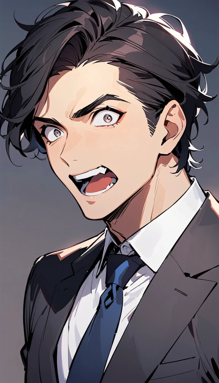 A handsome man with short black hair is wearing a charcoal gray suit. He has his mouth wide open, showing a very surprised expression.
