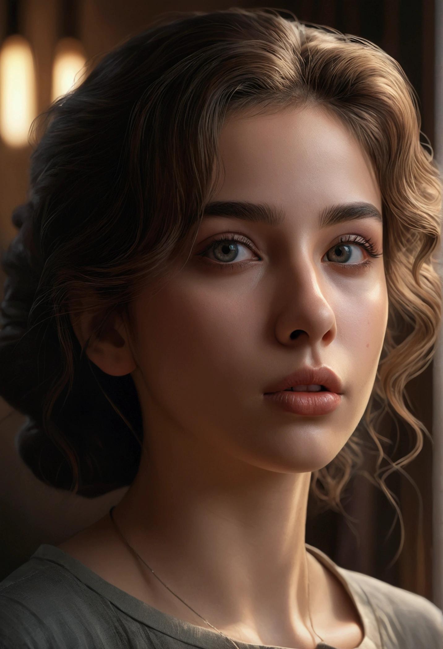 1girl, tranquil, closed mouth, neck shirt, beautiful detailed eyes, beautiful detailed lips, extremely detailed face and hair, photorealistic, 8k, hyper detailed, chiaroscuro lighting, oil painting, muted colors, warm tones, cinematic composition, dramatic lighting, atmospheric