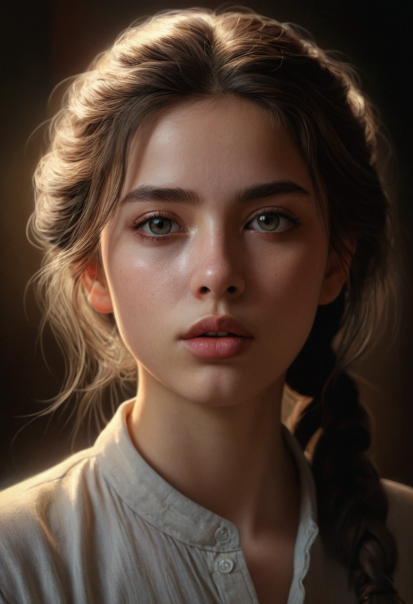 1girl, tranquil, closed mouth, neck shirt, beautiful detailed eyes, beautiful detailed lips, extremely detailed face and hair, photorealistic, 8k, hyper detailed, chiaroscuro lighting, oil painting, muted colors, warm tones, cinematic composition, dramatic lighting, atmospheric