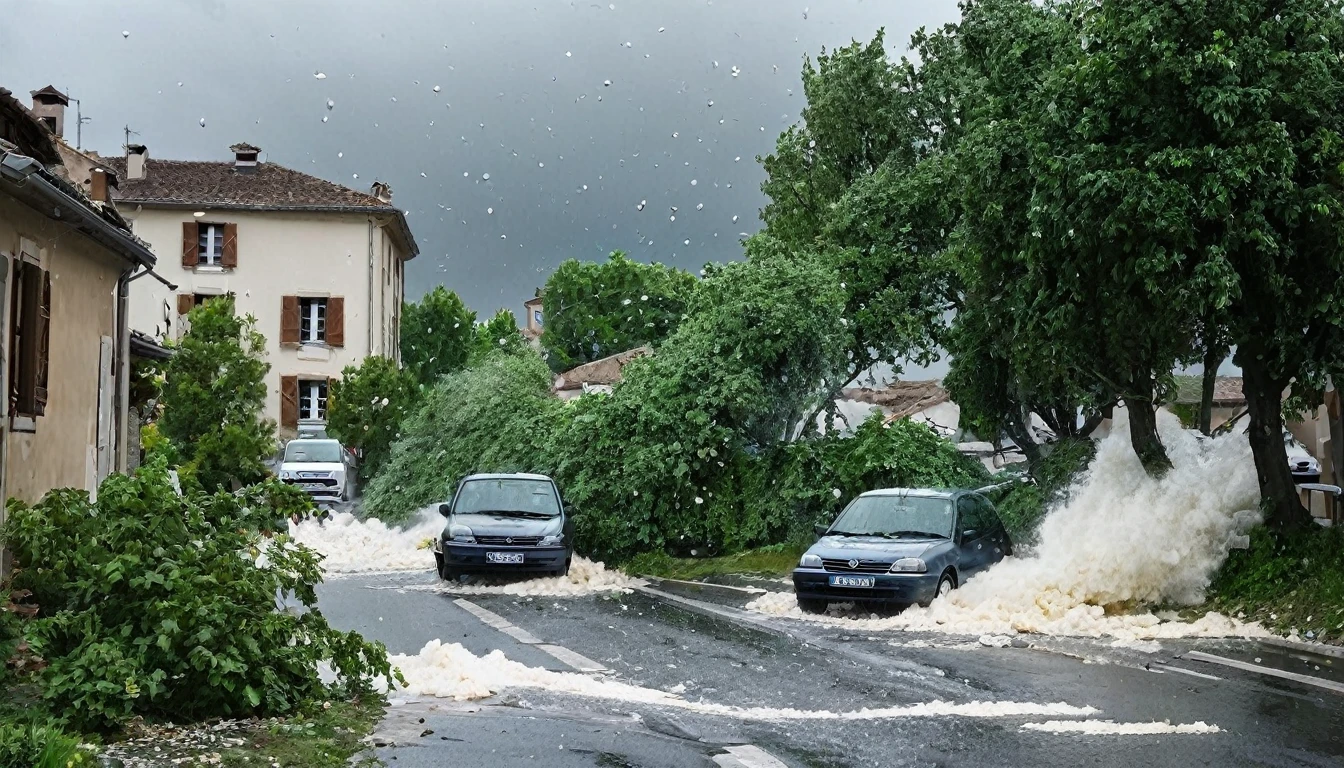 whoa, dramatic image depicts a chaos scenario. Strong winds and large hail fall from the sky, destroying roofs, vegetation and cars on a street in Romans-sur-Isère in France.