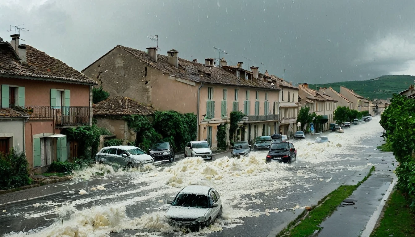 whoa, dramatic image depicts a chaos scenario. Strong winds and large hail fall from the sky, destroying roofs, vegetation and cars on a street in Romans-sur-Isère in France.
