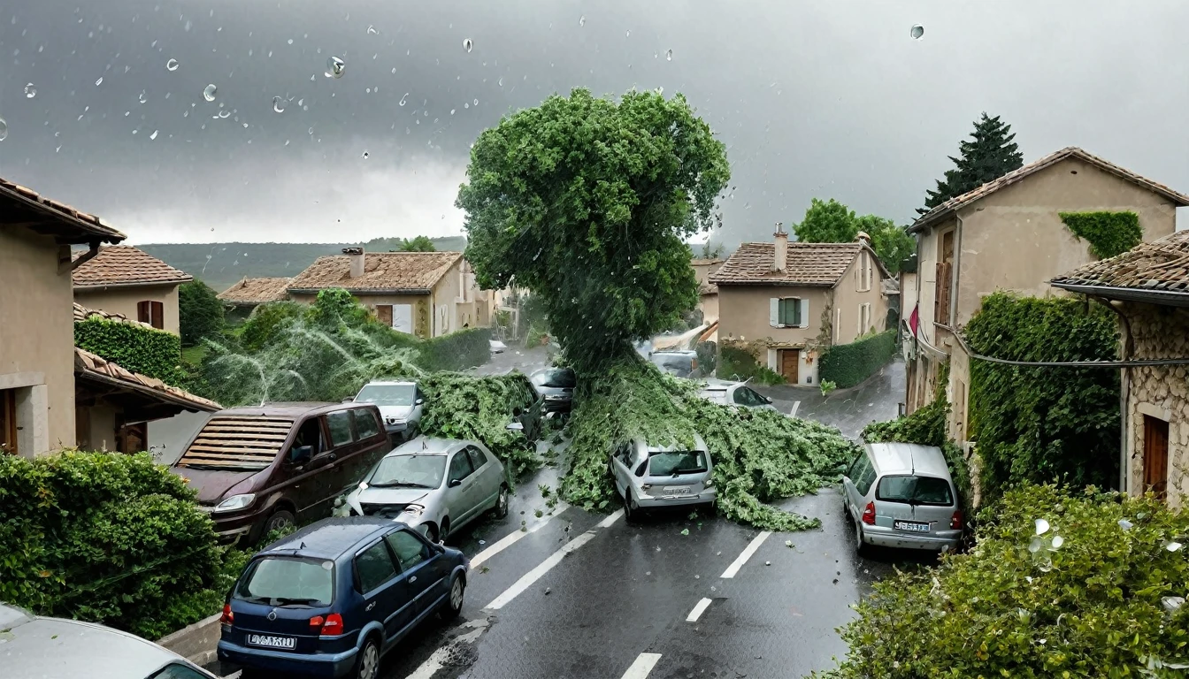 whoa, dramatic image depicts a chaos scenario. Strong winds and large hail fall from the sky, destroying roofs, vegetation and cars on a street in Romans-sur-Isère in France.