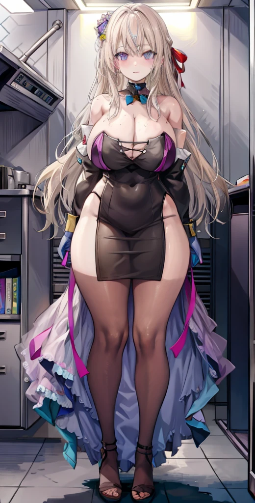 girl,Large Breasts,long hair,Topless,Bow,Blonde hair, Purple Eyes, Cleavage,Large Breasts