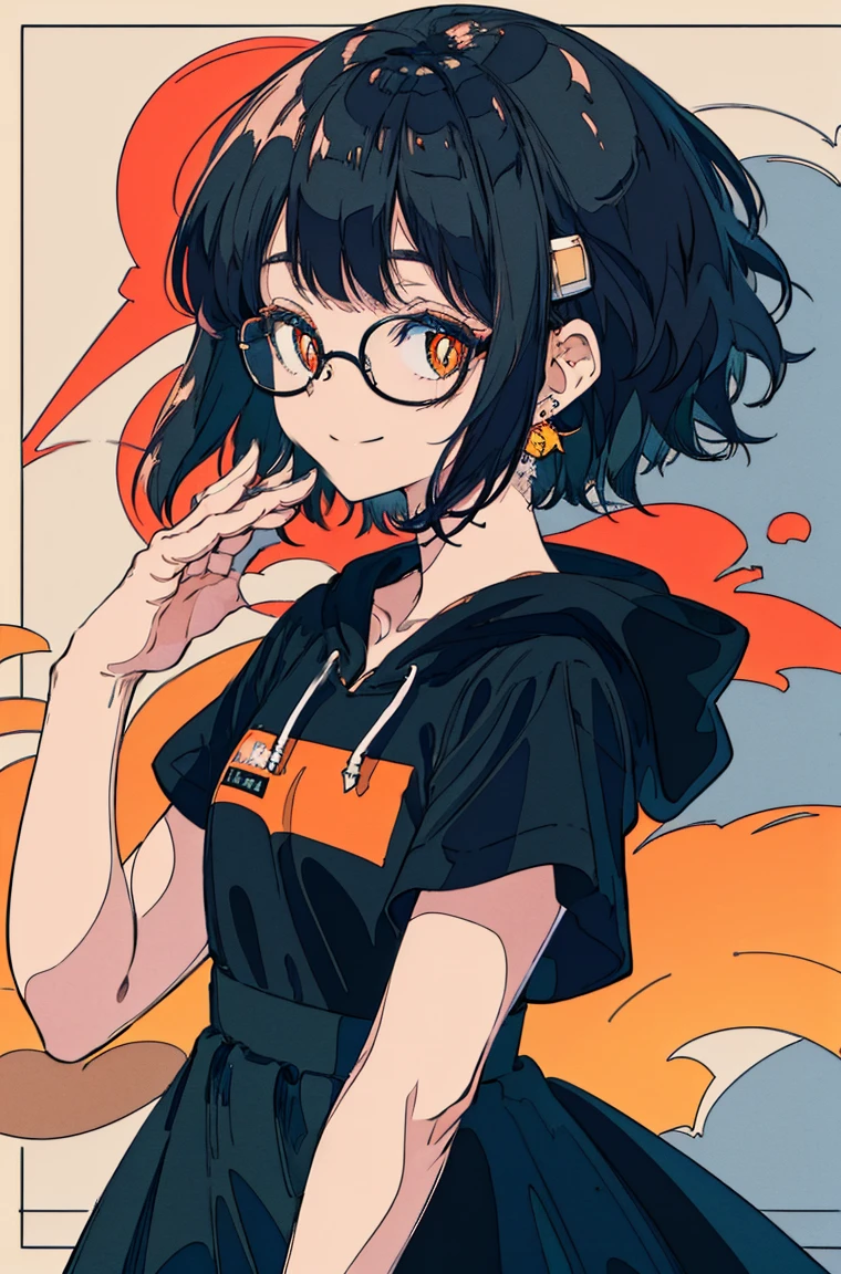 A masterpiece,Black short hair,Side face,Messy hair,Smile slyly,Orange pupils,Font,poster,jump,,Hair Bunch,Black shallow frame glasses,earrings,Black Hoodie,Dress fashionably,Standing picture,laid back,best quality, Illustration style,Large aperture portrait, Anime Girl, beautiful eyes, summer,, small, Heartwarming, Youthful and beautiful,,Regular Clothes,Black and white,, showing a natural casual style. Dynamic posture contains the golden ratio, China, White space, Strong contrast between light and shadow, Super texture, Super clear and concise pictures, presenting extremely beautiful,subtle facial expressions