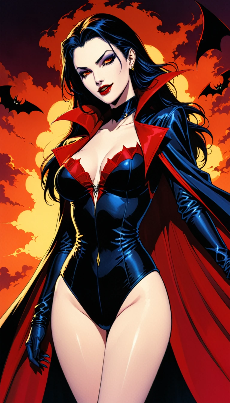 role conception,female,halfbody，The Original Vampire Queen，Super Vampire Style，1990's,Retro，artist by Frank Miller, Trending on artstation.