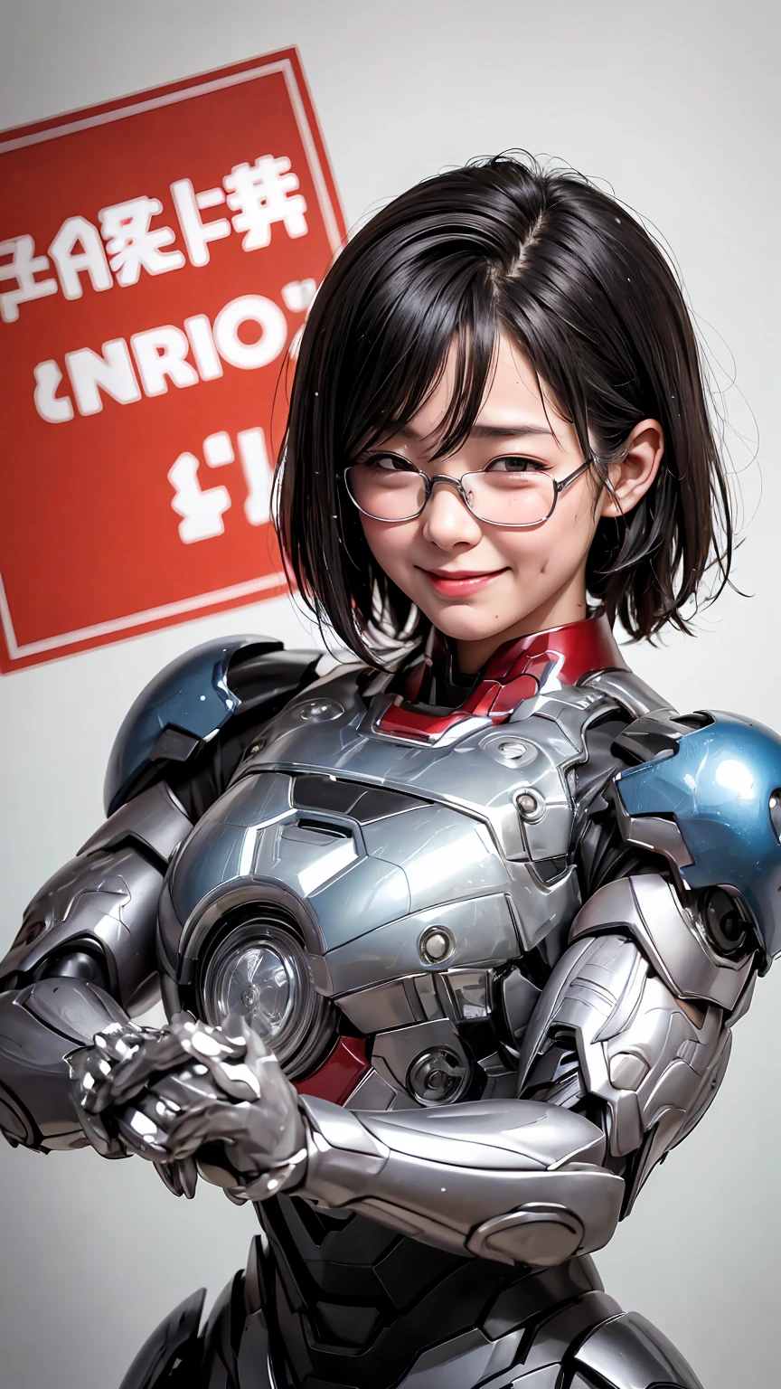 Highest quality　8k Iron Man Suit Girl　Kindergarten girl　Sweaty face　cute　short hair　boyish　Steam coming out of my head　My hair is wet with sweat　The feel of black hair　whole bodyポートレート　My upper body is soaked　Glasses　smile　Laughing with your mouth open　Sweaty hair　whole body