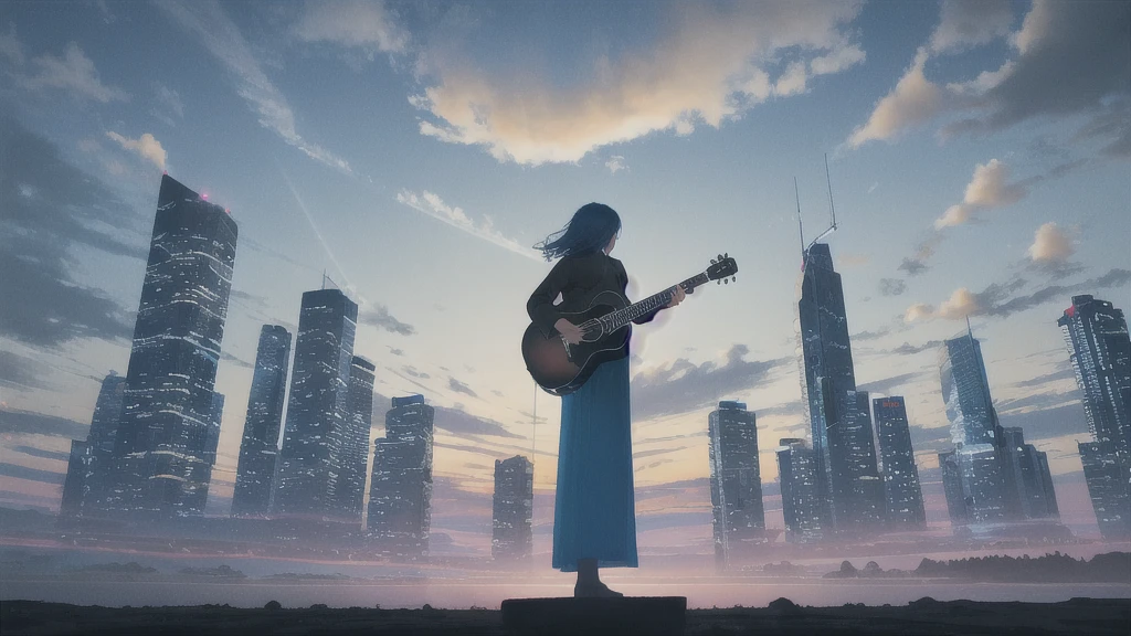 Acoustic guitar,Pitch black night sky,Octane, Star (zero), scenery, Blue parakeet,The acoustic guitar is placed in front of the body.,Star, night, Back view, Outdoor, city,Blue parakeet,building, cloud, Heavenly River,silhouette