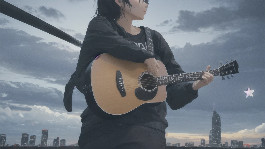 Acoustic guitar,Pitch black night sky,Octane, Star (zero), scenery, Blue parakeet,The acoustic guitar is placed in front of the body.,Star, night, Back view, Outdoor, city,Blue parakeet,building, cloud, Heavenly River,silhouette