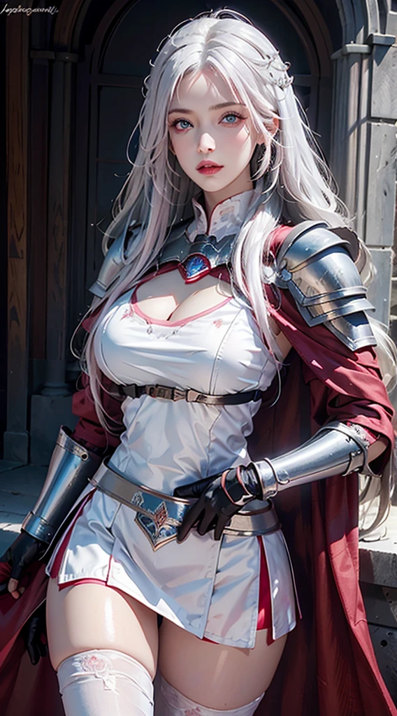 photorealistic, high resolution, 1women, shining skin, solo, hips up, tattoo, jewelry, pink lips, long white hair, blue eyes, closed mouth, castle, full armor, red armor, armored skirt, cloak,