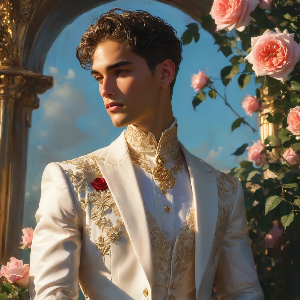 Create an image of a young man inspired by the characteristics of the rose 'The Prince, mixed race male model 27 year old, (angel face, prince eyes, lightly sweet smile), standing in a poised and regal posture, hand resting by his side, evokes a sense of deep contemplation and elegance. He is dressed in robe a deep rich velvet in dark deep purple, adorned with intricate embroidery, and layered over a naked body with sheer Jockstrap with thick cock line, semi bulge, ((bulge focus)), complemented by dark tailored trousers and polished black shoes. His clothing reflects the complex, multi-petaled structure of the rose, with detailed textures and luxurious fabrics.
The composition places the model slightly off-center, allowing for a view of a lush greenhouse garden background with glossy green leaves and hints of blooming deep-red roses, creating a natural yet sophisticated setting. Soft diffused lighting highlights the model's features and clothing, casting gentle shadows that add depth and dimension to the image. The overall atmosphere is one of quiet intensity and refined elegance, with a subtle hint of romanticism.
The photo is taken at eye level with a slight upward angle to emphasize the model's regal presence, using a medium-format camera, Canon EOS R7 and Sigma AF 85mm F1.4 EX DG HSM lens, used to achieve a shallow depth of field, ensuring the model stands out sharply against the softly blurred background.
by photographers Thomas Synnamon known for his ability to capture elegance and refinement in fashion photography, golden hour dreamlike settings and intricate details complements the theme perfectly.