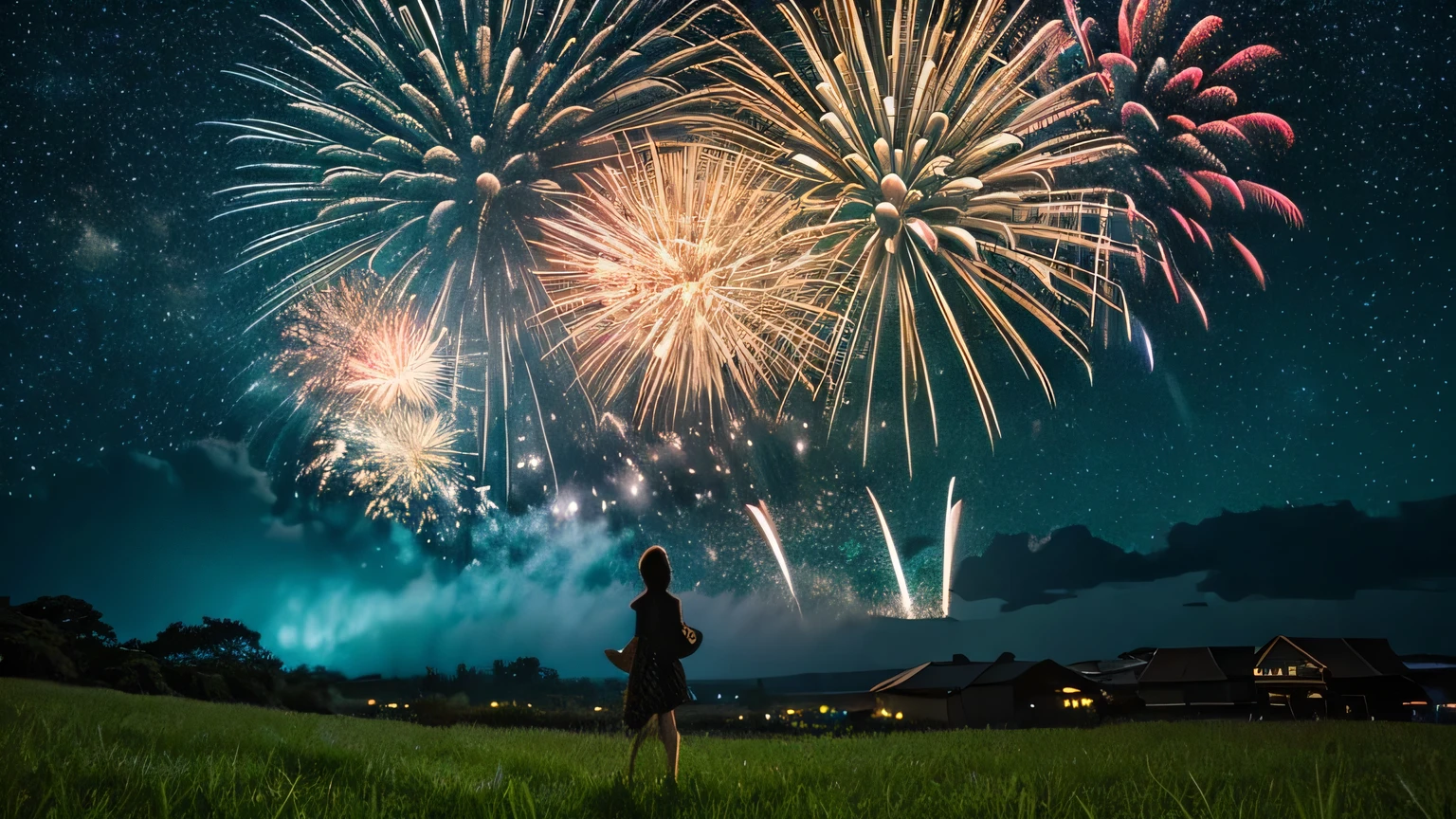 Night view、(The vast starry sky:1.4)、Seven-color sparkling starry sky、Fireworks display、Big fireworks bursting into the night sky、Beautiful skyline、Vast grassland、Paddy field、Very tense and dramatic photo、Moving visual effects、The North Star Hanging High、Colorful night natural light、And a girl in a yukata、