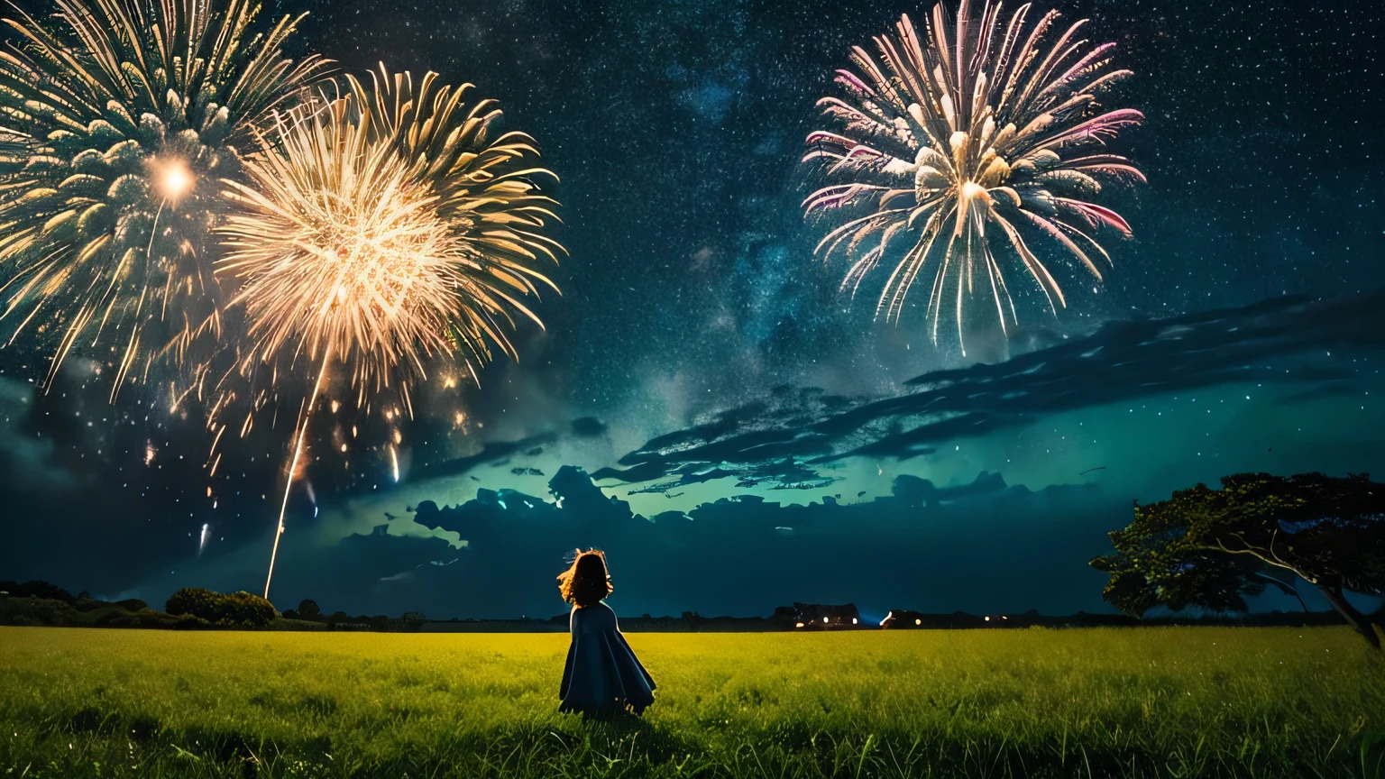 Night view、(The vast starry sky:1.4)、Seven-color sparkling starry sky、Fireworks display、Big fireworks bursting into the night sky、Beautiful skyline、Vast grassland、Paddy field、Very tense and dramatic photo、Moving visual effects、The North Star Hanging High、Colorful night natural light、And a girl in a yukata、