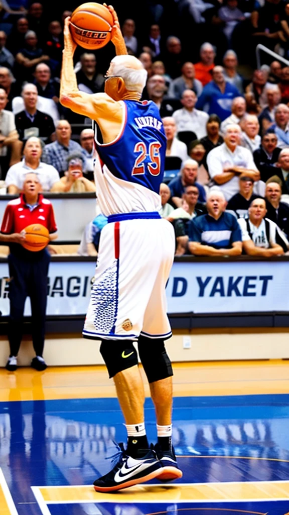 Elderly basketball player、The decisive dunk、From above、The spectators cheer