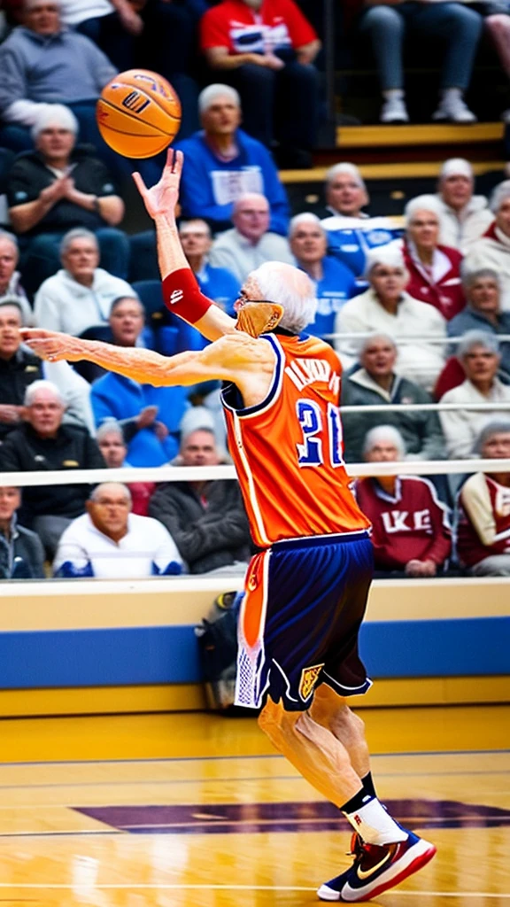Elderly basketball player、The decisive dunk、From above、The spectators cheer
