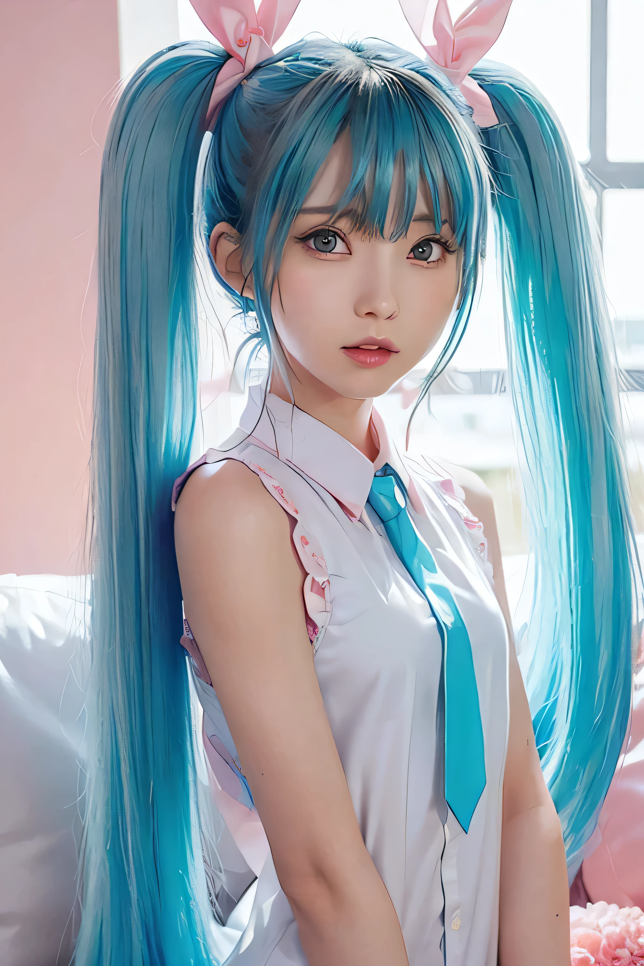 {The theme is Hatsune Miku}、(White sleeveless long shirt:1.3)、Turquoise tie、 (Pink Ribbon、Twin tails、crazy long turquoise hair:1.3)、, Shiny Hair, Expressive hair, crystal hair, Gradient Eye, Artistic, Conceptual Art, Glitter effect , Shine, Ultra-high resolution, retina, masterpiece, Accurate, Anatomically correct, Very detailed, High detail, Fine skin,((Flat Body、slim、cute:1.3))、