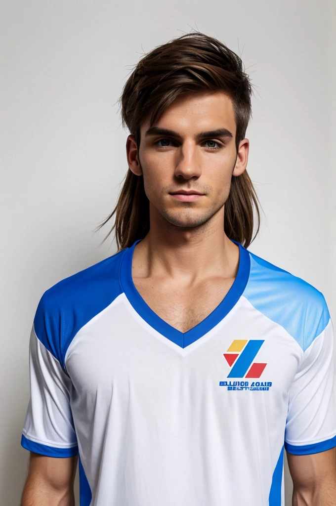 Men's blue volleyball t-shirt with a white background and blue color on the shoulders and Karen's text in the middle of the t-shirt and something like lightning on the t-shirt and inspired by the Italian national team uniform.