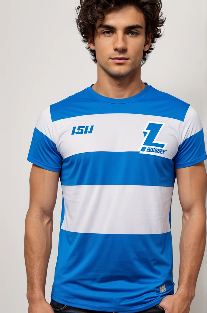 Men's blue volleyball t-shirt with a white background and blue color on the shoulders and Karen's text in the middle of the t-shirt and something like lightning on the t-shirt and inspired by the Italian national team uniform.