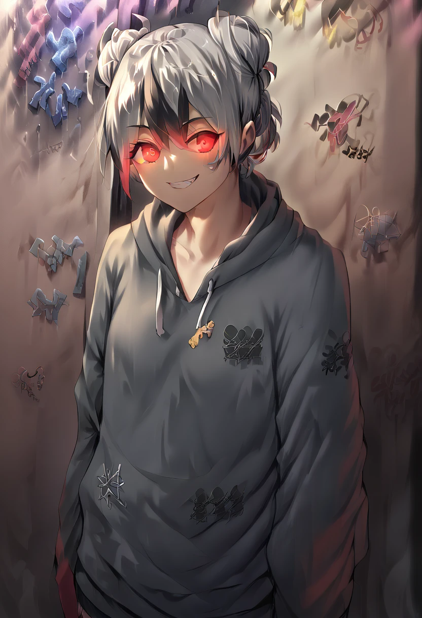 Detailed Background, masterpiece, Highest quality, smile, Nakiri Ayame, Striped Hair, Demon Horns, Gray Hair, twin bun, Red eyes, smile, hoodie, Portraiture, neon, graffiti, dark, night, Glowing Eyes, Black light