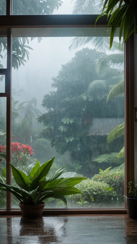 Rainy scenery seen from a tropical window