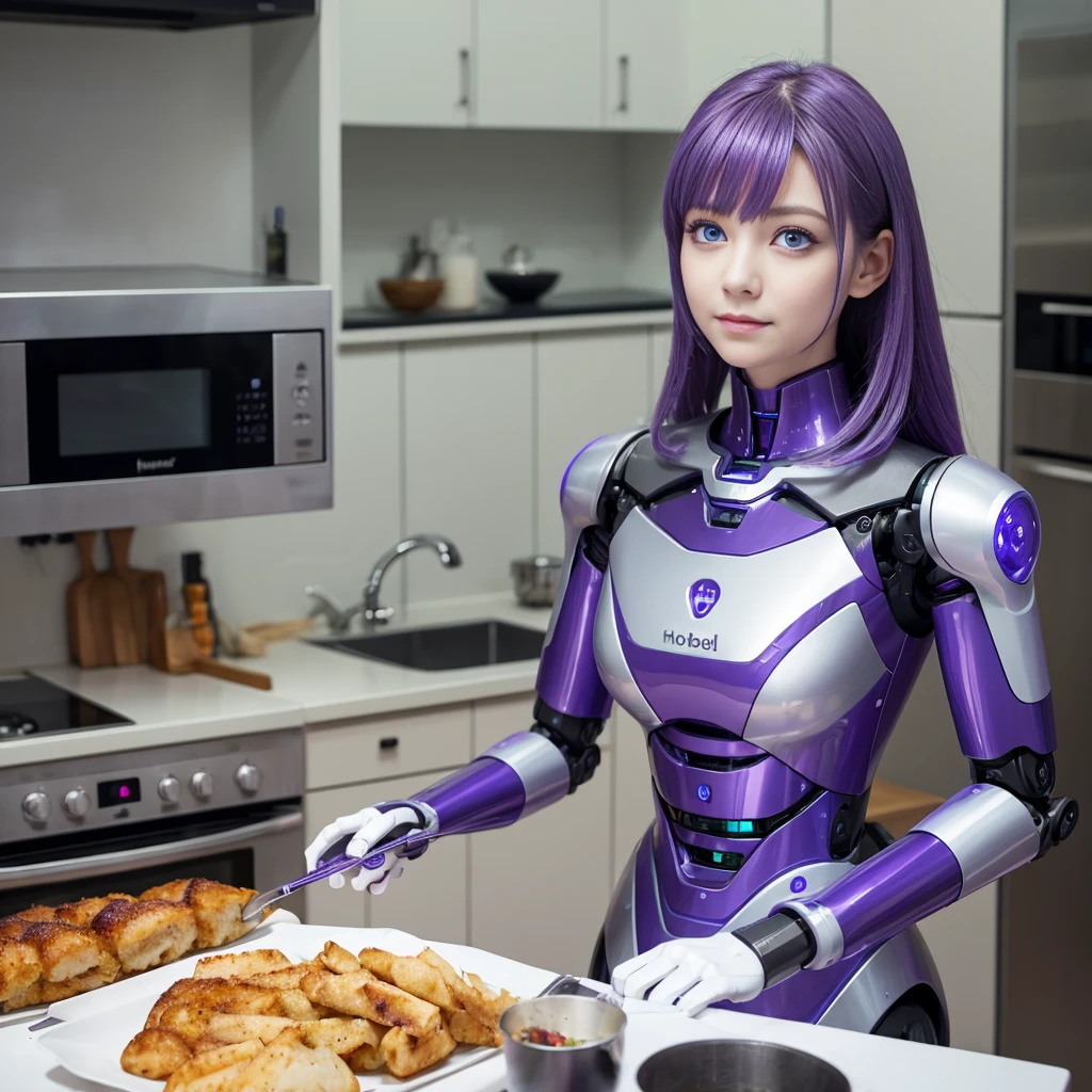 Household robot with mechanical face, purple hair, light blue eyes, cooking