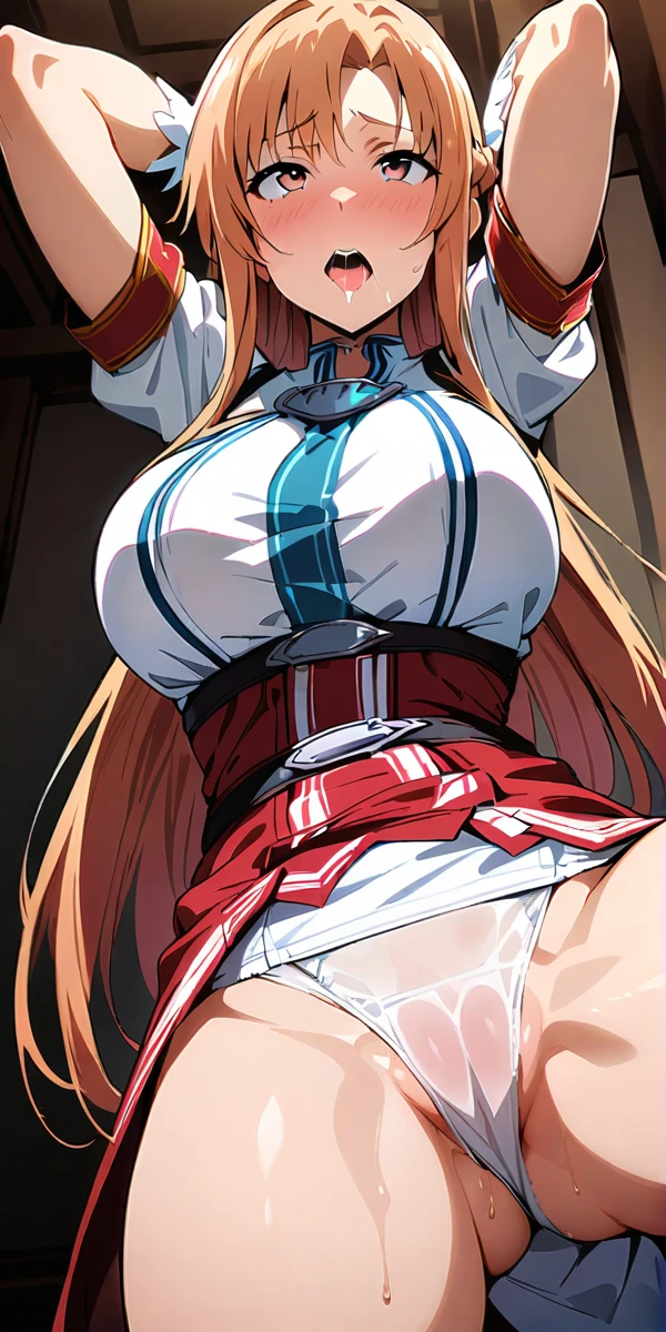 ((Highest quality)), ((masterpiece)), (detailed), Perfect Face、NSFW、Big Breasts、Squat、Leg spread、((Ｍ字Leg spread))、solo、From below the front、、Ahegao、Fold your arms behind your head、Panty shot、Yuuki Asuna