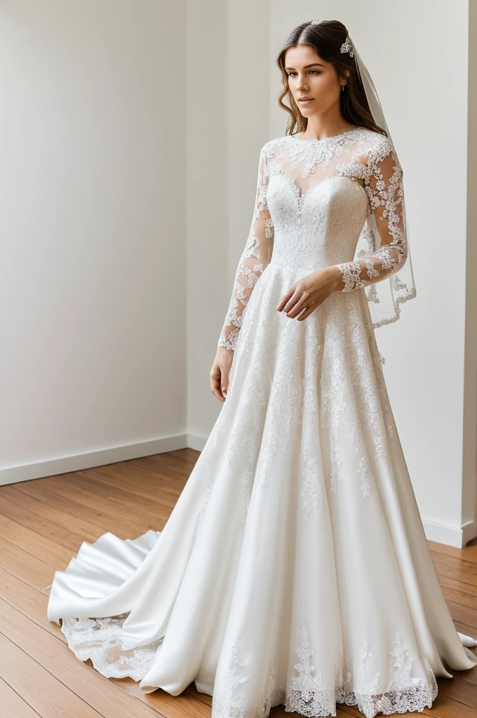 Best quality, 8k, 32k, Masterpiece, Masterpiece, (Photorealistic: 1.4), RAW photo, ultra realistic, a model wearing a long sleeves wedding dress, full length view, model standing in a white room with a minimalist design, featuring white walls and a clean, modern aesthetic. The wedding dress has intricate lace and beading details, showcased elegantly in the room.