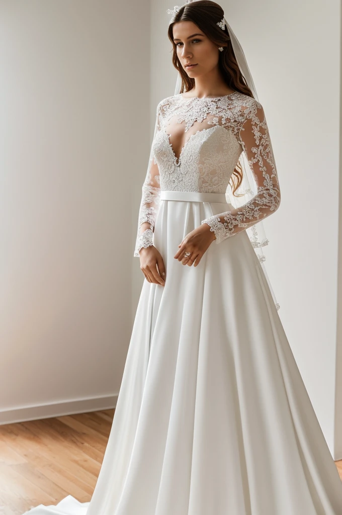 Best quality, 8k, 32k, Masterpiece, Masterpiece, (Photorealistic: 1.4), RAW photo, ultra realistic, a model wearing a long sleeves wedding dress, full length view, model standing in a white room with a minimalist design, featuring white walls and a clean, modern aesthetic. The wedding dress has intricate lace and beading details, showcased elegantly in the room.