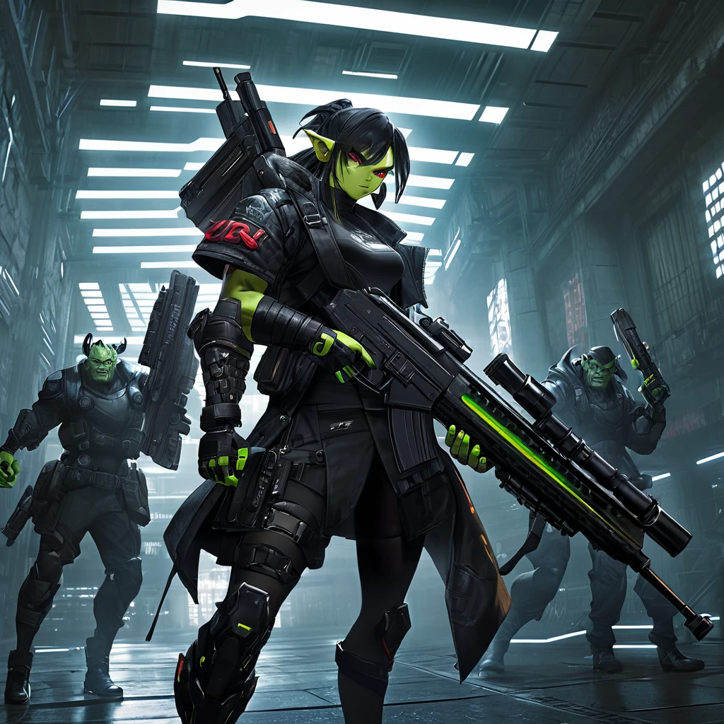 Action shot of an orc, cyberware, cyberpunk clothing, wielding sawn-off shotgun
