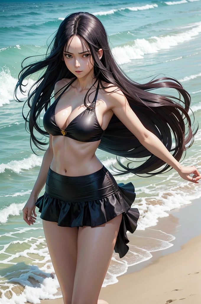 Hyuuga Hanabi, long hair tied low, hair band, Hana with purple eyes, both hands holding the hair at the back of her head, showing her armpits, beautiful, beautiful woman, perfect body, perfect breasts, wearing a beach bikini, light black bikini, expensive bikini, on the beach , beautiful beach, very beautiful, coconut trees, looking at the viewer, a slight smile, realism, masterpiece, textured skin, super detail, high detail, high quality, best quality, 1080p, 16k