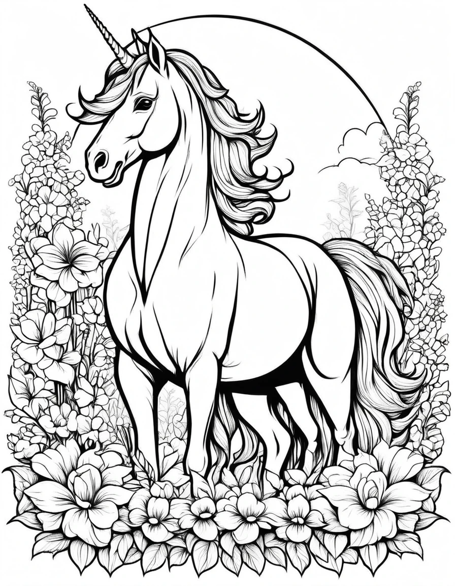 beautiful Unicorn, adult, Fantasy, ดวงตาNo color, be happy, Bending down to eat grass, At the back is a garden., rainbow, Coloring pages for kids, vector art, Few details, simple, 2D vector, black lines white background, Vector illustration, Pencil strokes, No color, white background, black and white, Except for the white picture frame