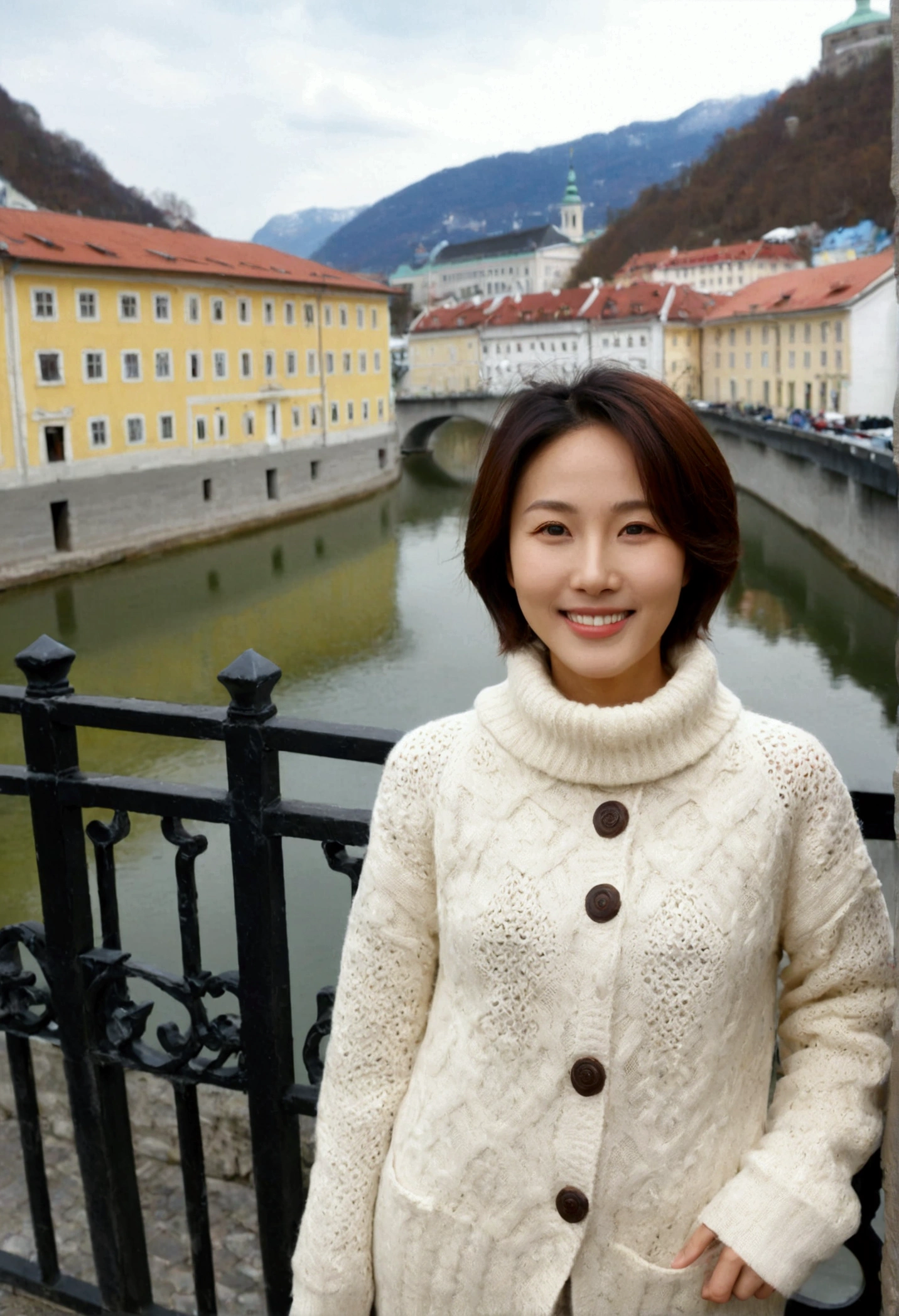 high quality, 1 woman, ((36-year-old healthy Korean woman)), ((36 years old)), 1 woman, ((slim)), ((short medium hair)), Smile. pose: standing, Myungpum brand sweater and light coat, background:Your residence is a baroque townhouse with a plaster façade and wrought iron railings.., Overlooking the Salzach River and Hohensalzburg Fortress, looking slightly up, 1 woman, Full body shot with Canon 16-34 wide angle lens, river view