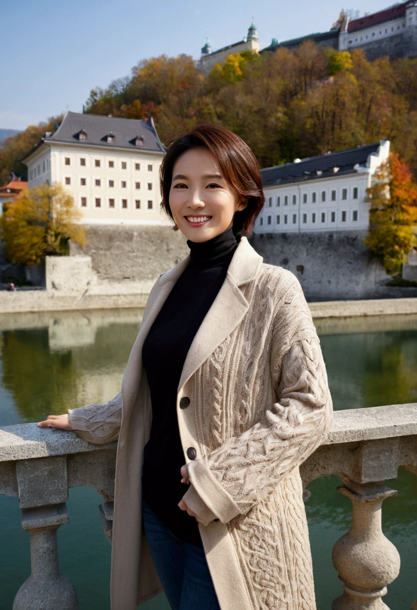 high quality, 1 woman, ((36-year-old healthy Korean woman)), ((36 years old)), 1 woman, ((slim)), ((short medium hair)), Smile. pose: standing, Myungpum brand sweater and light coat, background:Your residence is a baroque townhouse with a plaster façade and wrought iron railings.., Overlooking the Salzach River and Hohensalzburg Fortress, looking slightly up, 1 woman, Full body shot with Canon 16-34 wide angle lens, river view