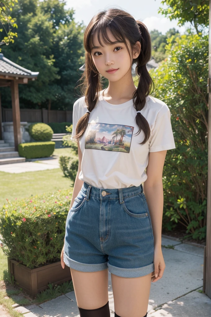(masterpiece, Highest quality, 8K, High resolution),(Realistic skin texture, Perfect Face, Realistic, Perfect hands, Perfect finger count, Japanese, Girl), (13 years old), Big Eyes, Brown eyes, Light brown hair, bangs, Twin tails, Hair Ribbon, Small face, Smile, (Border T-shirt, shorts, thigh length stockings, sneakers)), garden, Are standing, Cute pose, Arms behind back, Hair blowing in the wind