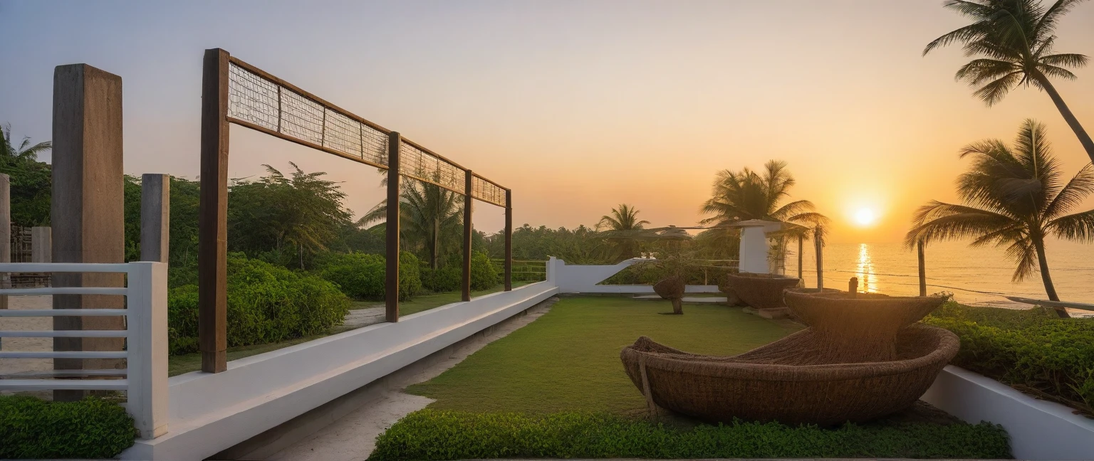 Local caft Resort , coconut trees, greenery landscape, along the white beach, clear sky, sunrise time, warm lighting RAW Photo, RAW texture, Super Realistic, 32K UHD, DSLR, soft lighting, high quality, film rating, Fujifilm XT3 