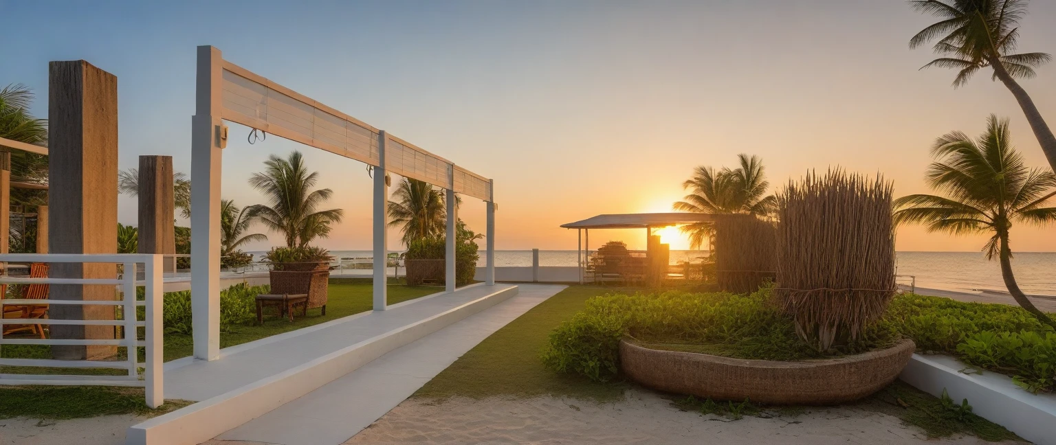 Local caft Resort , coconut trees, greenery landscape, along the white beach, clear sky, sunrise time, warm lighting RAW Photo, RAW texture, Super Realistic, 32K UHD, DSLR, soft lighting, high quality, film rating, Fujifilm XT3 