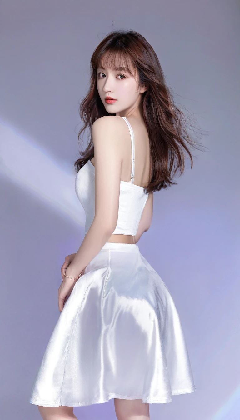 Best picture quality,(masterpiece),Realistic :1.37,Ultra high resolution,8K original,detailed background,8K HD,SLR,Photo grade,1girl,beautiful face,beautiful eyes,long hair,White off-the-shoulder shirt,mid-length skirt,white skirt,brown hair,look at the audience,multiple perspectives,brown eyes,perfect feet,perfect hands,fashion dress,realistic,white skin,smooth skin,shinny skin,simple background,Medium breast,cleavage,lips,character realism,Long legs,Standing,full body,looking at the audience,