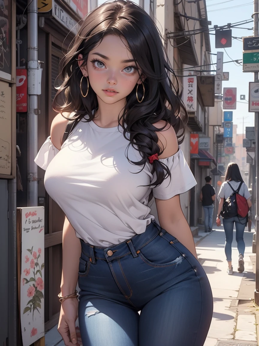 below, hybrid language_Text, japanese graffiti letters, Pretty Woman , long black hair,::((Best Quality)), ((first work)), (Very detailed:1.3)(Masterpiece:1.2, Best Quality), (Beautiful finely detailed eyes: 1.2), (Masterpiece:1.2, Best Quality), (Beautiful finely detailed eyes: 1.2), ::joe madureira style comic style ::2.9 (Masterpiece:1.2, Best Quality), (Beautiful finely detailed eyes: 1.2), ((1girl kelly brook very beautiful woman big breast )), ((Alone)), (Red eyes:1.4), (finely detailed eyes and detailed face.:1.3),), (with jeans and white t-shirt or dress:1.3), (below bonito e claro:1.2), (Extremely detailed CG, ultra detailed, best shadow:1.1), ((depth of field)), ((watercolor)), BIG BREASTS, bare shoulders, Flowers and petals, hermosa illustration del concepto , (below branco:0.5), (illustration :1.1), (extremely fine and beautiful:1.1), (perfect details: 1.1), first work, high quality, high resolution, Details improvement, 8k, High Definition, first work, Best Quality, high quality, high resolution, Details improvement