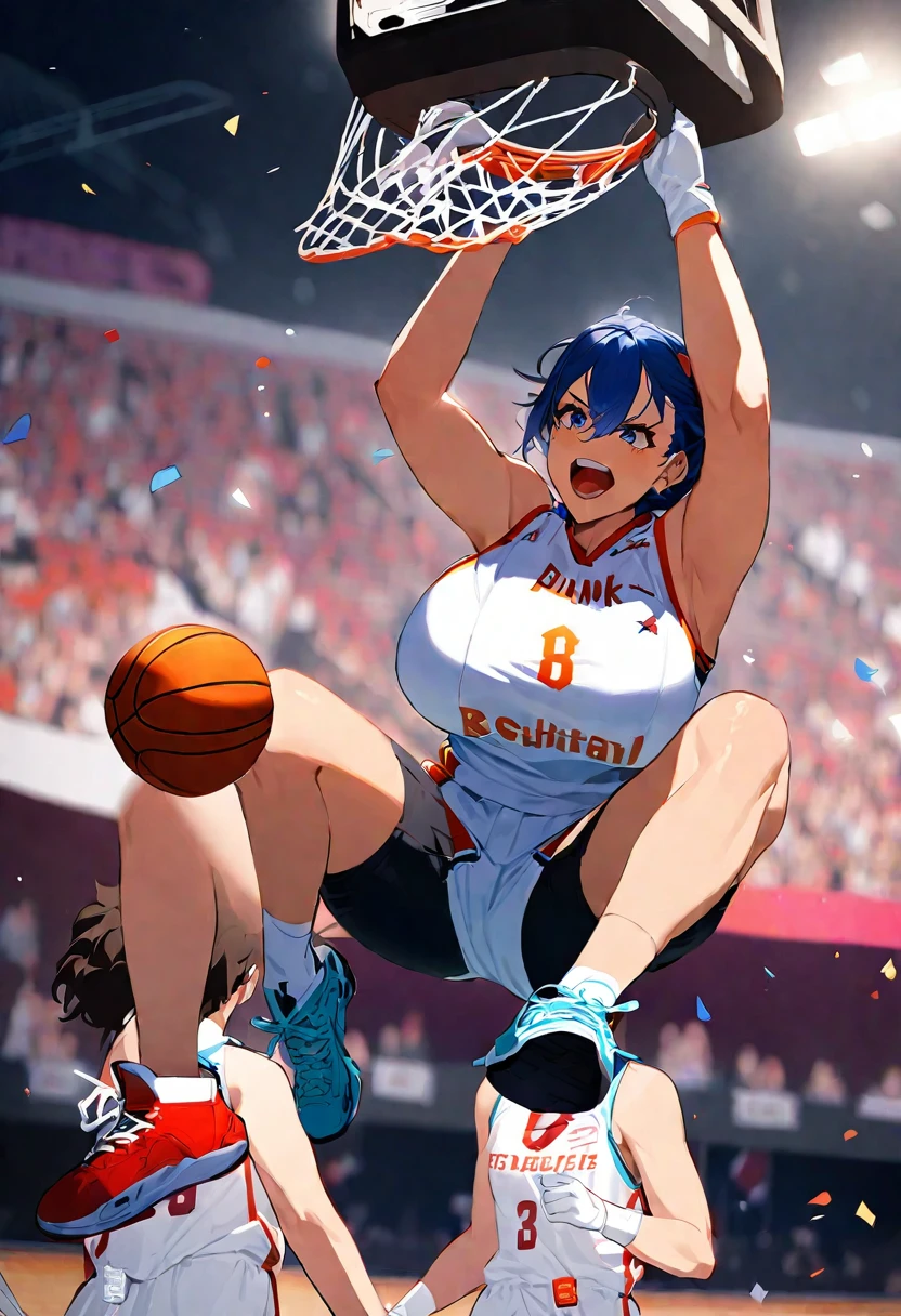 the moment of Game-Winning Dunk by beautiful busty female basketball player, full body shot, huge breasts