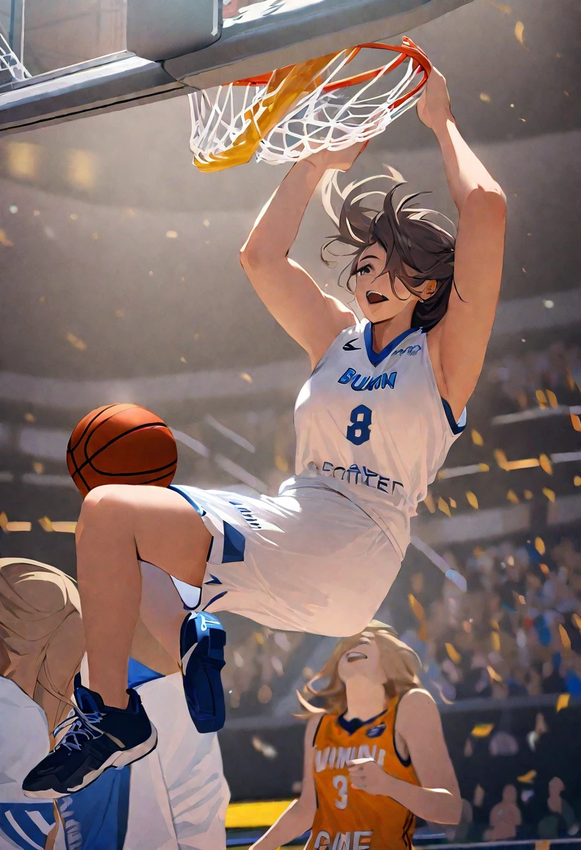 the moment of Game-Winning Dunk by beautiful busty female basketball player, full body shot, huge breasts