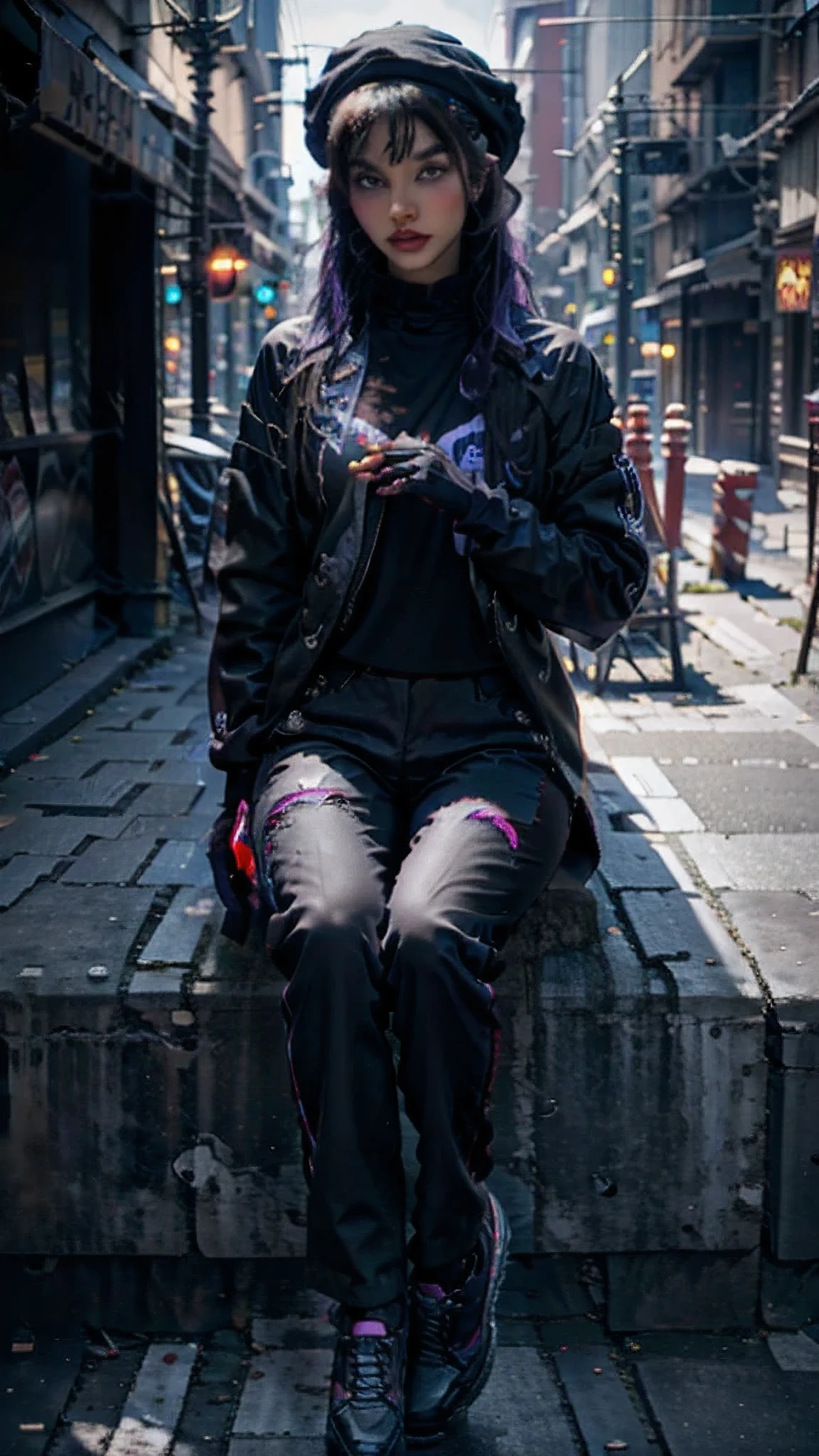 Masterpiece, Best Quality, Ultra-Detailed, 1girl, solo, purple eyes, black hair, purple tips, black cap, black jacket, futuristic jacket, open jacket, purple shirt, black pants, red shoes, black gloves, fingerless gloves, looking at the viewer, side look, sitting