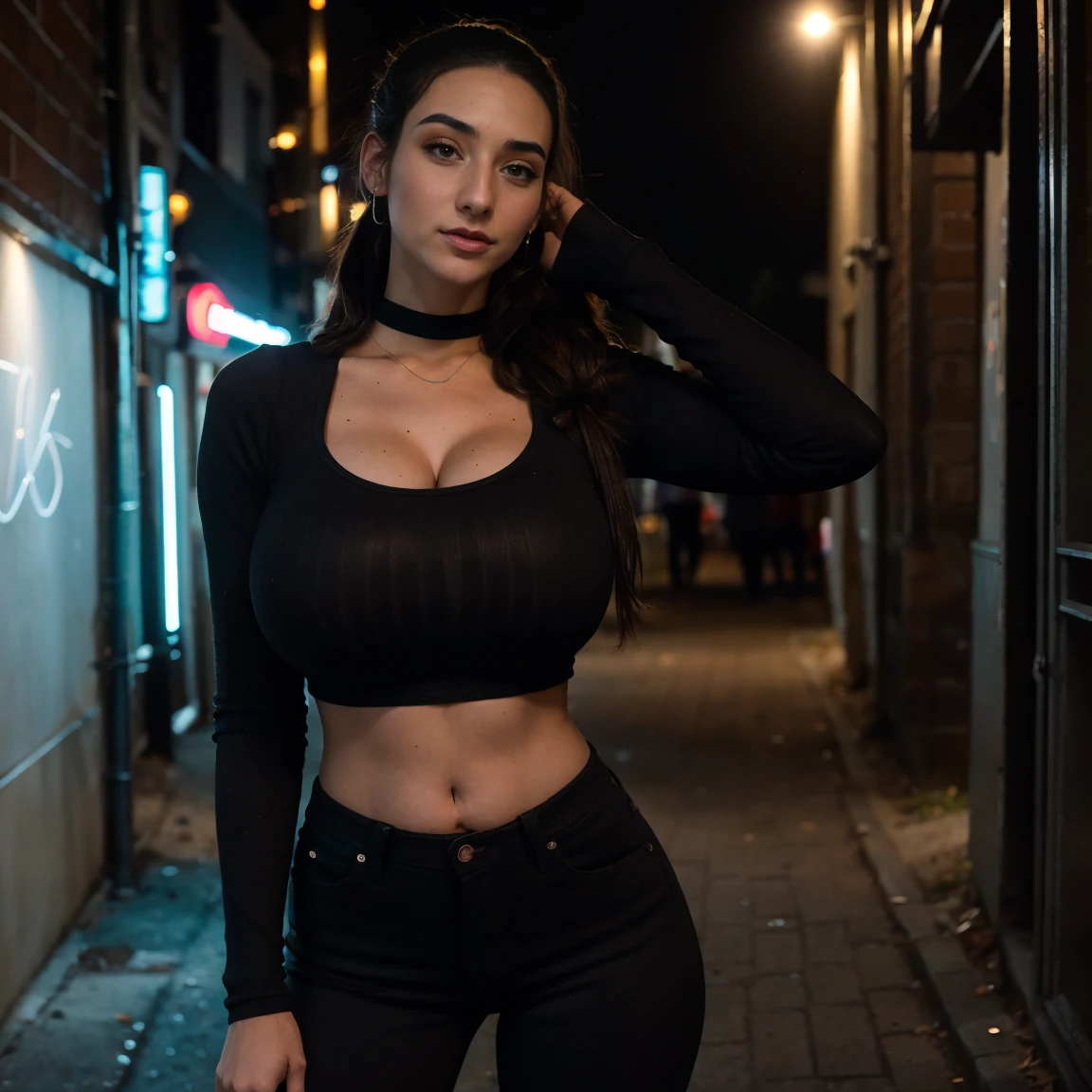 Extremely busty thin and toned brunette photographer, college girl, fair skin, loose ponytail, soft face, athletic, tight dark red long-sleeve crop top, black bra straps, black skinny jeans. standing in a dirty alleyway, club, neon, nighttime, darkness, cleavage