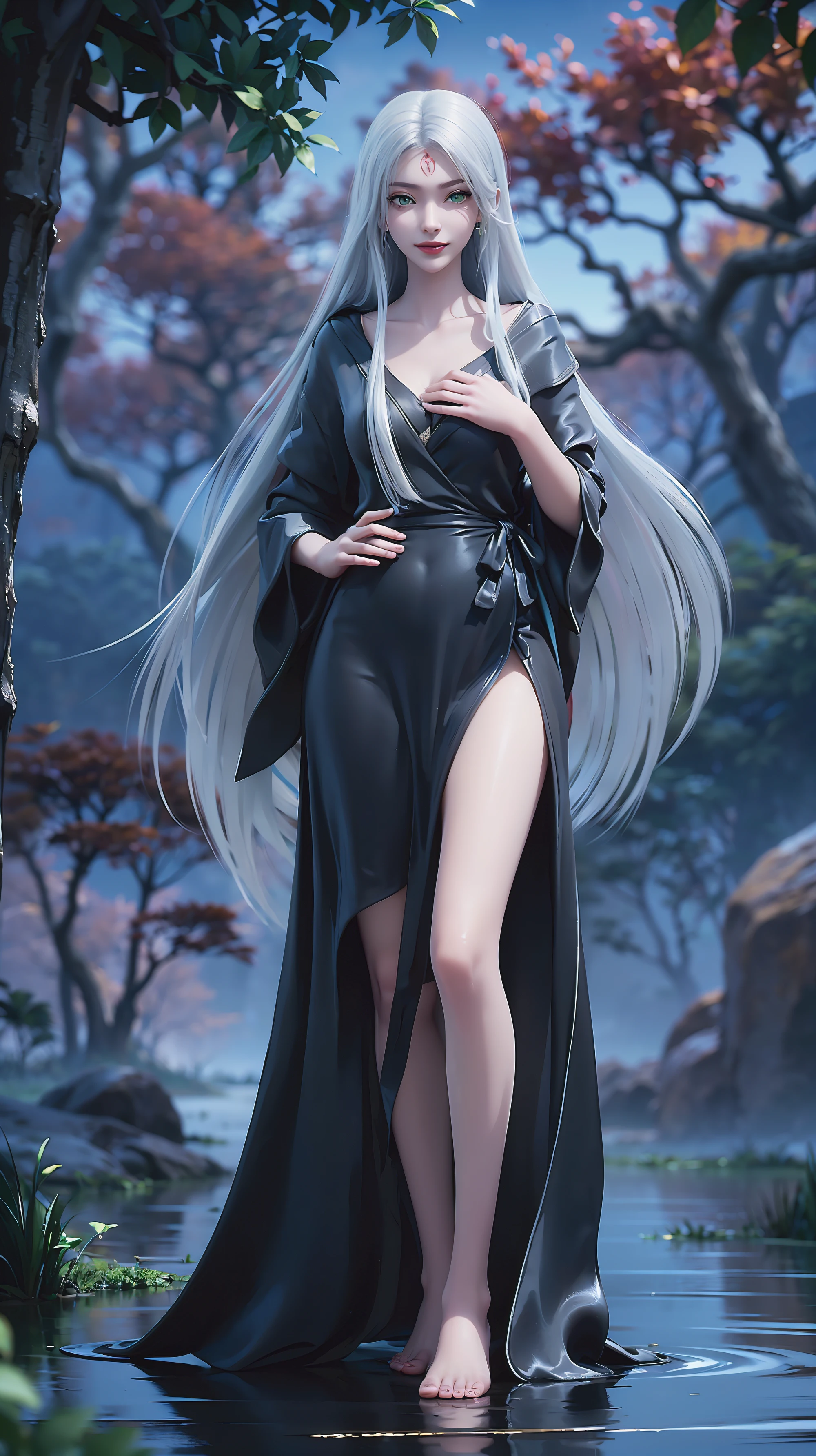 ((Biologically correct number of limbs))、(( Full body image(Including the face)))、4K、masterpiece、((Focus on the face))、((Symmetrical facial features))、The eyes are described in detail、Beautiful woman、Outstanding style、Beautiful arms、Beautiful legs、beautiful hands、(slim)、Facial details、Small earrings、necklace、(white shiny、Shiny dress、barefoot、radiant skin)Smile、(Beautiful legsのアップ)、Sweat,Starry Sky,Starry Sky Background,Deep View,above water,(((White long hair))),(((Green eyes)),((Black robe)),((Place one hand on your chest))