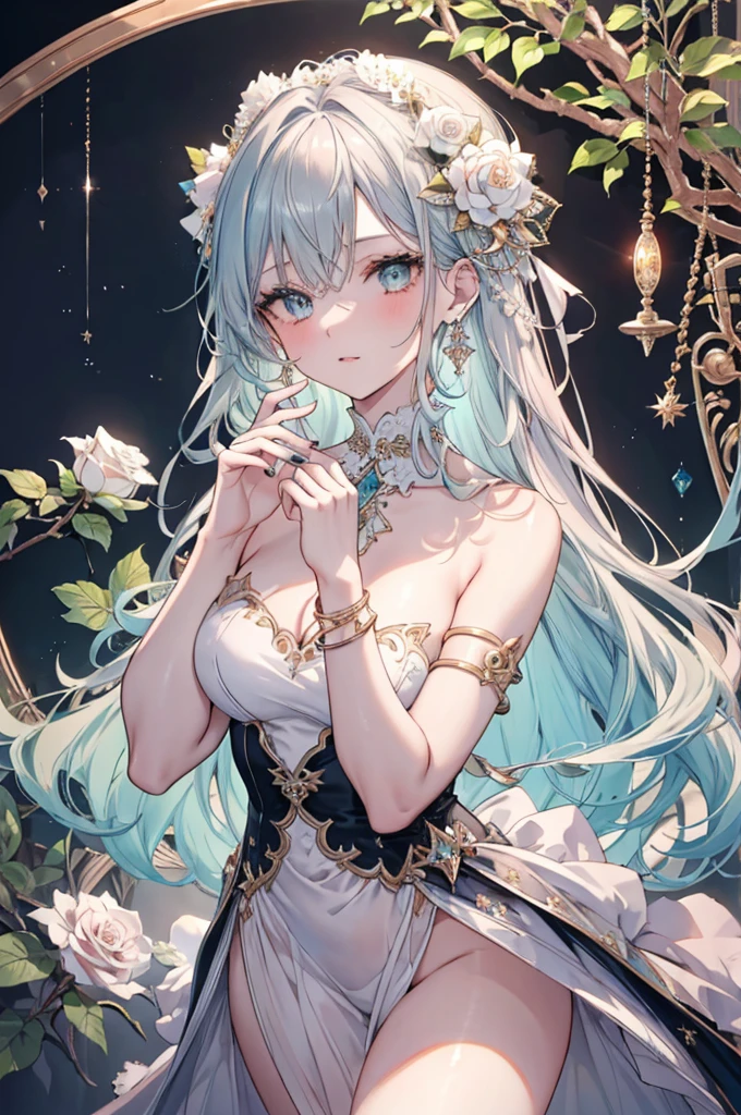 High resolution RAW color art, animation,Sculpture, Silver Marble Skin, (((Highly detailed elegant))), Magical atmosphere, Detailed skin, texture,(Exquisitely crafted, The finer details, Ultra-detailed art), Depth of written boundary, Silky Touch, Hyper Detail, White Background、Beautiful Naked、Beautiful Eyes, Elegant face, Ivory Rose, eye shadow、(Highest quality:1.2, High detail, masterpiece:1.2, Best aesthetics), (1 Girl), Beautiful woman, Beautiful attention to detail, Beautiful lip detail, Highly detailed face, Delicate depiction of hair and eyes, Detailed Fashion, Aqua Eye, Earrings, Big Breasts,Full body depiction, ,Focus on the user, Bare knees, Black nails, Gray Hair, Gold bracelet, Long Hair, Light blue inner hair、Hair、Blushing、Looking up、evening