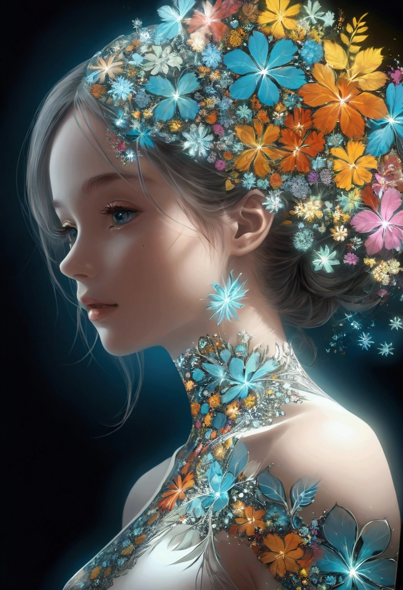 (Official Art, Beauty and aesthetics: 1.2), (Fractal Art: 1.3), Ink Art,vector,illustration,The art of math,1 girl,Unique,Pretty Face,portrait,Upper Body,Shoulder,There are flowers,Glass,artistic conception,Abstract,Psychedelic Art,Look at it from above,White powder color scheme, Large color blocks,blue,best quality,4K,high resolution,Extremely detailed,Bright colors,Bokeh,Studio Lighting,