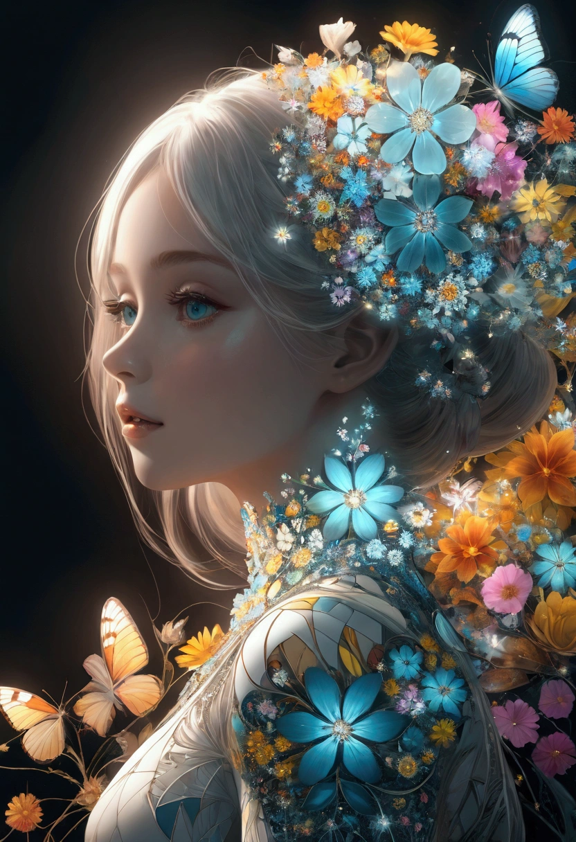 (Official Art, Beauty and aesthetics: 1.2), (Fractal Art: 1.3), Ink Art,vector,illustration,The art of math,1 girl,Unique,Pretty Face,portrait,Upper Body,Shoulder,There are flowers,Glass,artistic conception,Abstract,Psychedelic Art,Look at it from above,White powder color scheme, Large color blocks,blue,best quality,4K,high resolution,Extremely detailed,Bright colors,Bokeh,Studio Lighting，