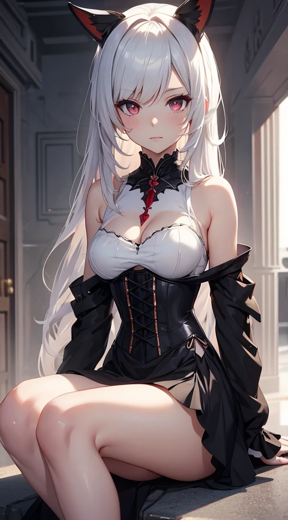 anime: style image of a woman wearing a navel corset dress in dress, cute anime waifu with a nice dress add_detail:1, seductive anime girl, , cushart krenz art key women, from the video game azur lane, Azure Lane Style, anime girl in a black dress, trend on artstation pixiv, red pupils add_detail:1, White hair, good figure add_detail:1, sitting on a ledge, futuristic city add_detail:1, view full body, barefoot, beautiful feet add_detail:1, small breasts, lolita add_detail:1, parciality nude add_detail, sensual girl, revealing dress undressing add_detail:1, very horny girl, open legs